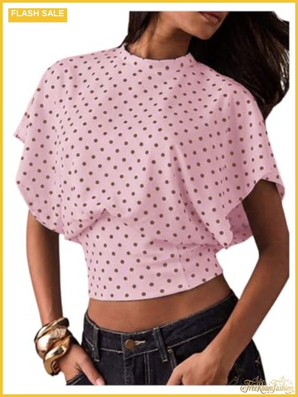 Polka Dot Cinched Waist Crop Top High Stretch Dolman Sleeve Summer Tee Shirt